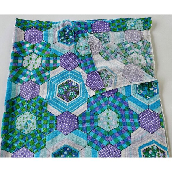 Vintage 70s curtain, blue, green purple faux patchwork, abstract floral panel - Picture 7 of 9